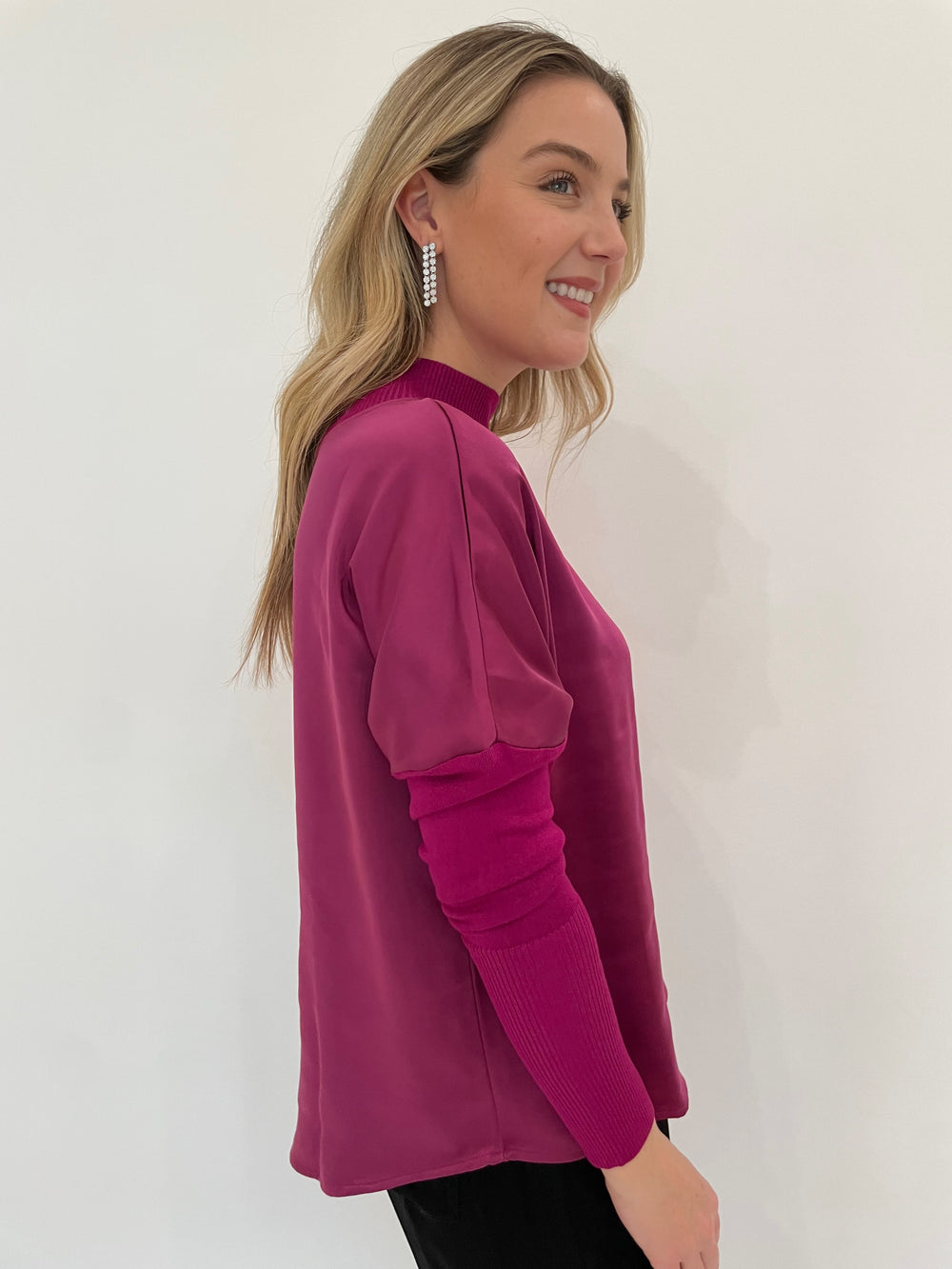 Melissa Nepton Norah Mix Media Long Sleeve Satin Top in Sparkling Grape with Dean Davidson Silver Mirabeau Pave Drop Earrings available at Barbara Katz