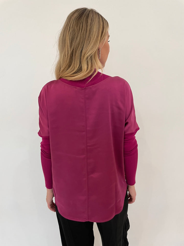 Melissa Nepton Norah Mix Media Long Sleeve Satin Top in Sparkling Grape available at Barbara Katz