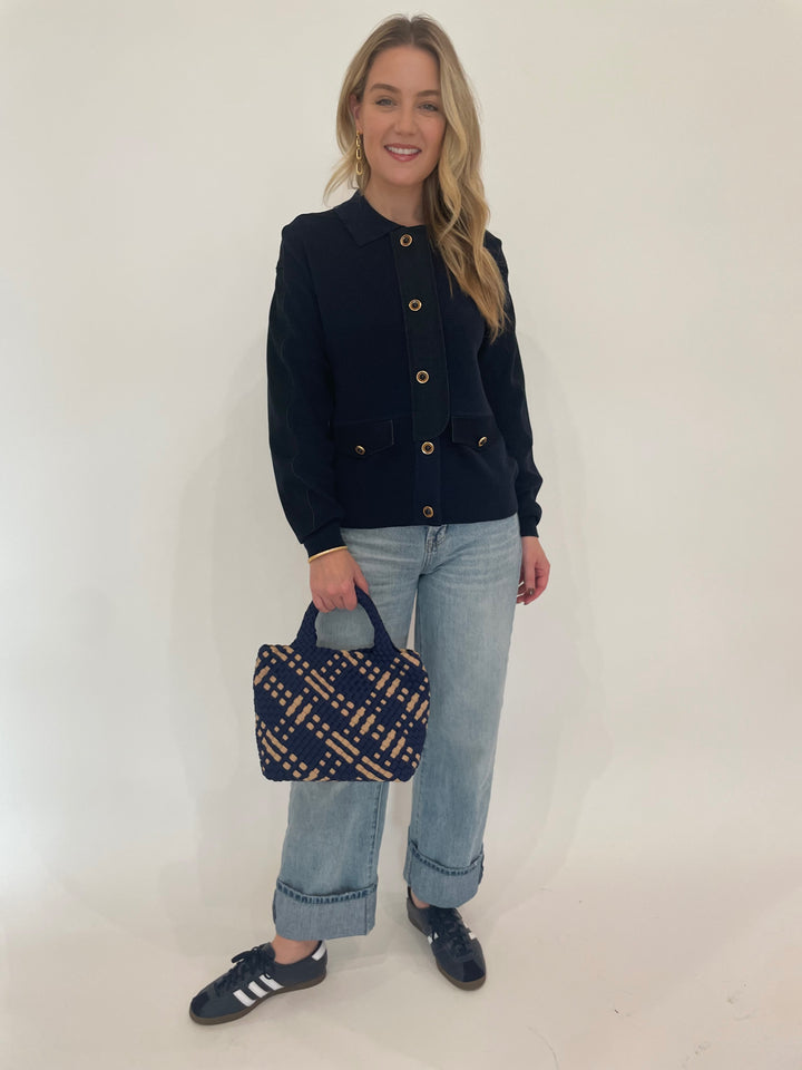 Leo & Ugo Denim Knit Jacket in Navy paired with Pistola Ryder High Rise Cuffed Jeans, Dean Davidson Gold Bleecker Statement Drop Earrings and Gold Colette Pave Bangle Bracelet, Sol and Selene Sky's The Limit Small Crossbody Bag in Navy/Nude - all available at Barbara Katz