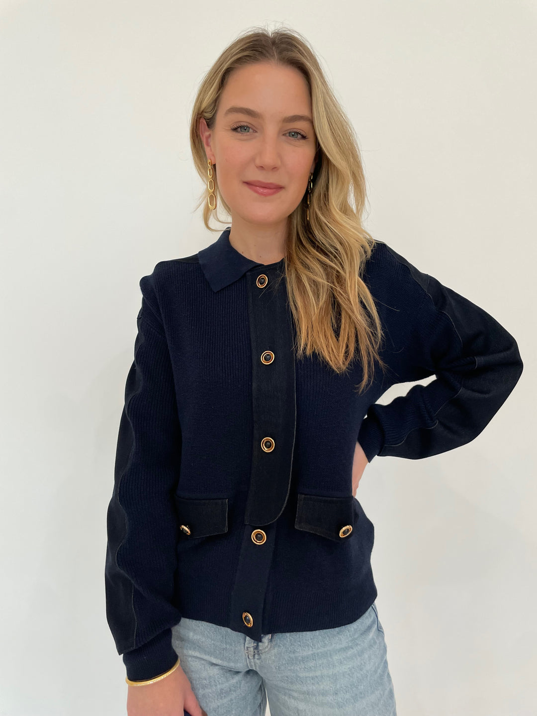 Leo & Ugo Denim Knit Jacket in Navy available at Barbara Katz