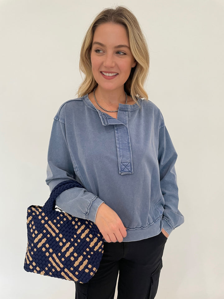 BK Let's Go Long Sleeve Top in Denim paired with Marrakech Gavyn Cargo Pants in Black, Dean Davidson Silver Tokyo Chain Necklace, Sol and Selene Sky's The Limit Tote Bag in Navy/Nude - all available at Barbara Katz