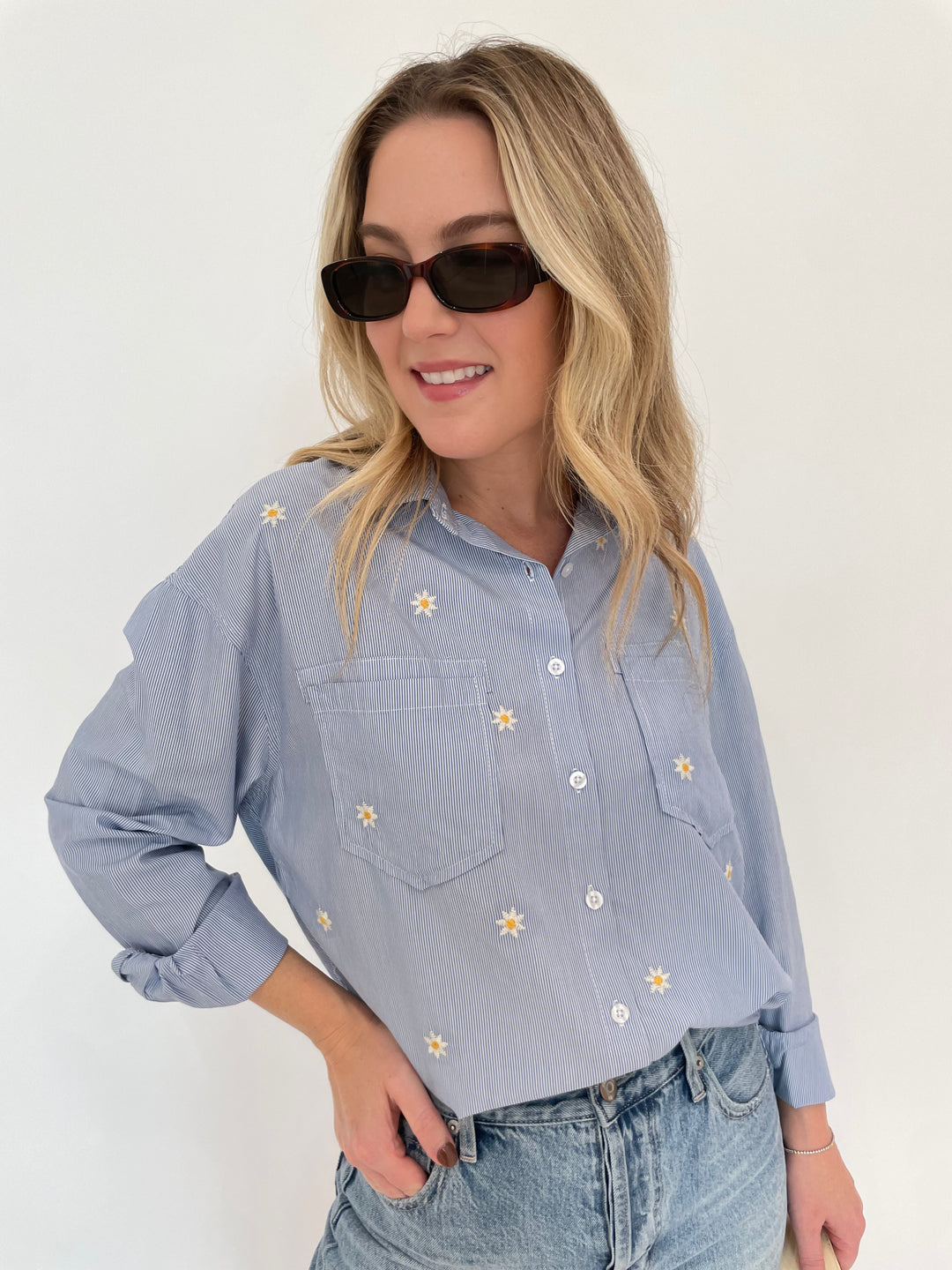 BK Fresh Flower Shirt in Blue Stripe with Le Specs Unreal! Sunglasses in Toffee Tort available at Barbara Katz