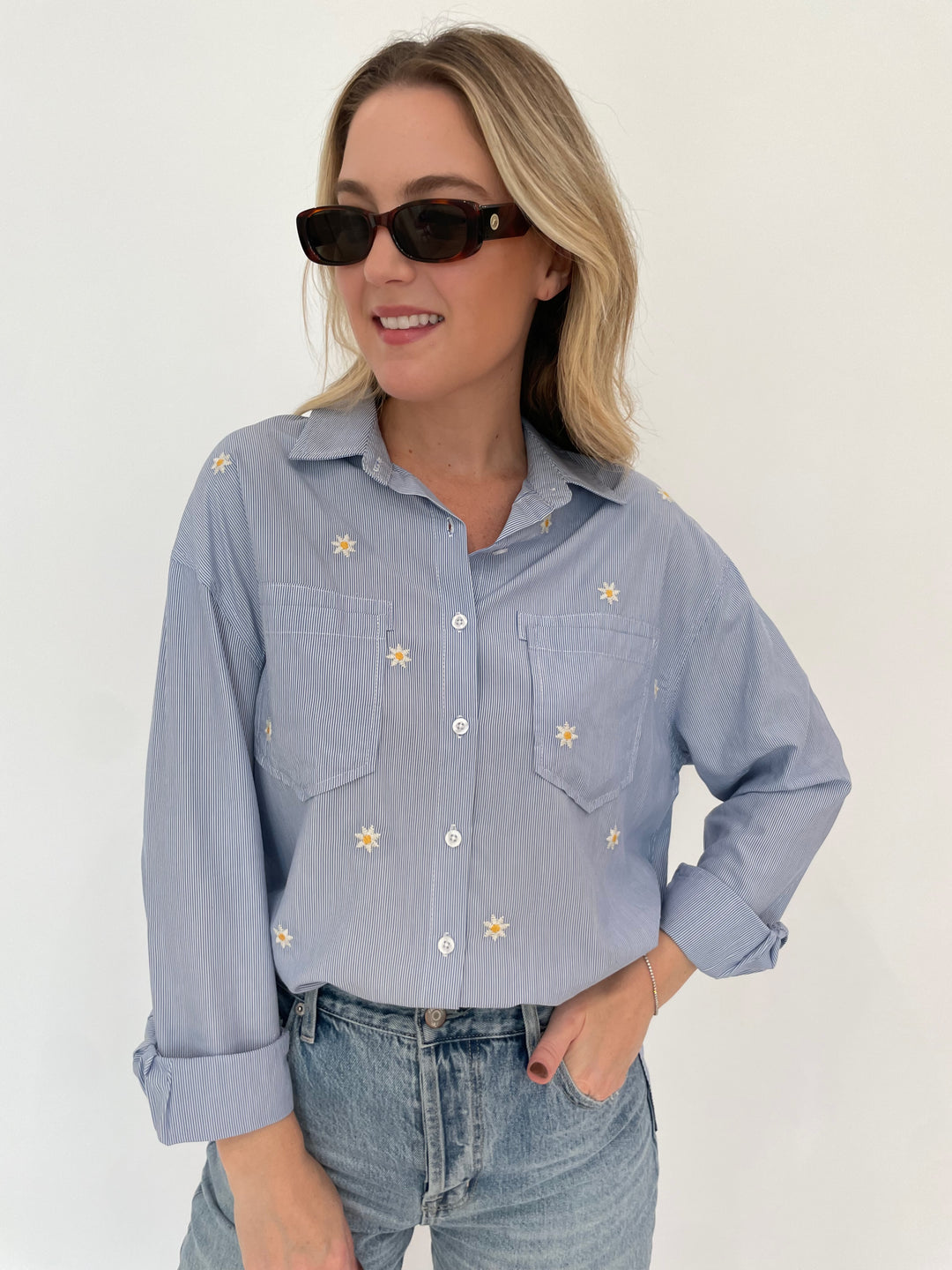 BK Fresh Flower Shirt in Blue Stripe with Le Specs Unreal! Sunglasses in Toffee Tort available at Barbara Katz