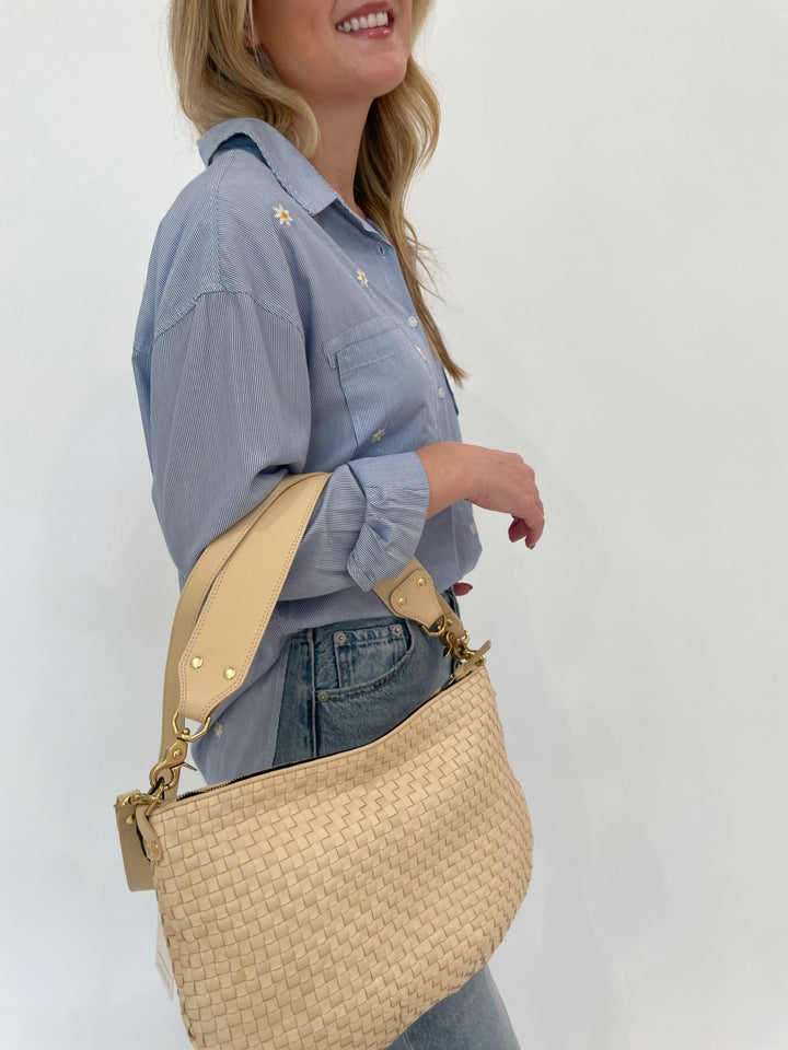 BK Fresh Flower Shirt in Blue Stripe with Clare V Moyen Messenger Bag in Cream Woven Checker available at Barbara Katz