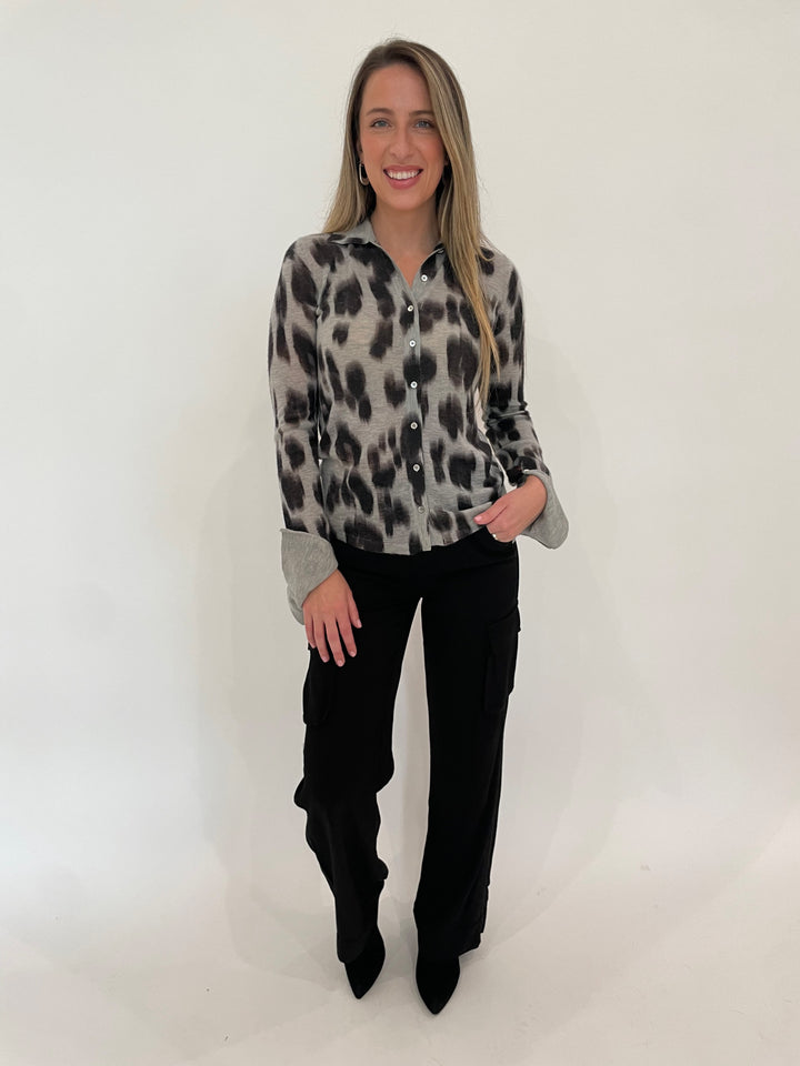 Autumn Cashmere Watercolor Leopard Shirt in Birch Combo paired with Marrakech Gavyn Cargo Pants in Black, Dean Davidson Silver Crosby Hinged Hoop Earrings available at Barbara Katz