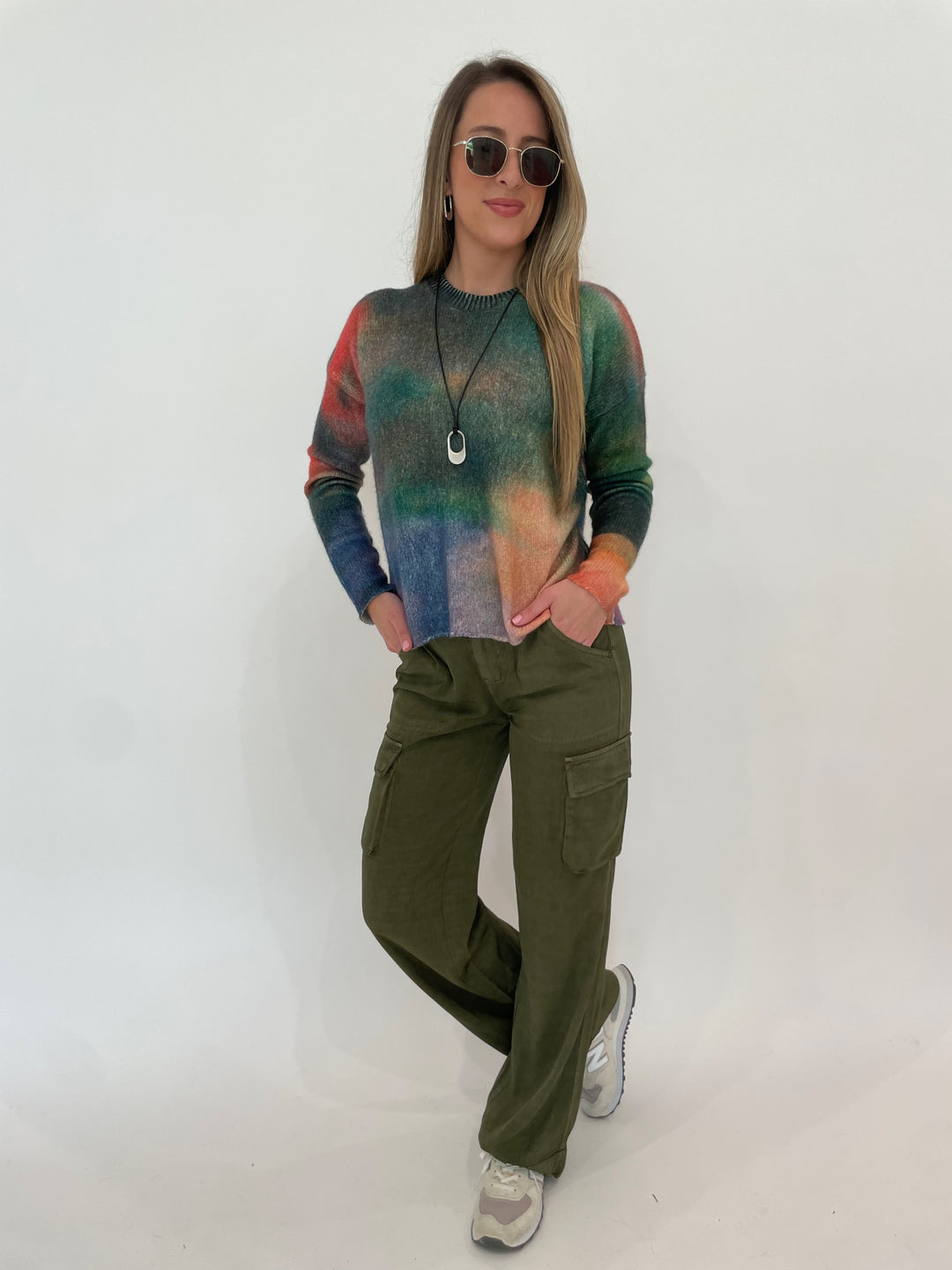 Autumn Cashmere Blotch Print Boxy Raw Edge Crew Sweater in Foliage Multi paired with Marrakech Gavyn Cargo Pants in Pine, Le Specs Neptune Deux Sunglasses, Dean Davidson Silver Crosby Long Pendant Necklace and Crosby Hinged Hoop Earrings - all available at Barbara Katz