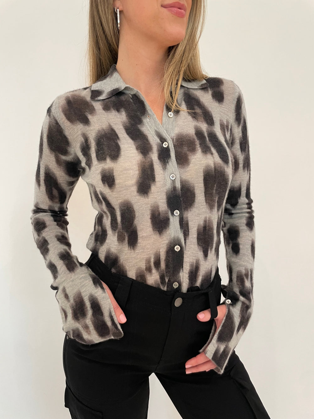 Autumn Cashmere Watercolor Leopard Shirt in Birch Combo available at Barbara Katz