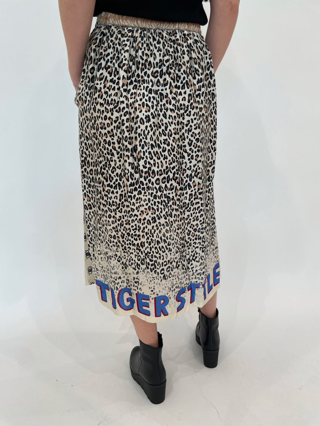 ME369 Hayley Sand Viscose Blend Midi Skirt with Gabor Black Leather Boots available at Barbara Katz