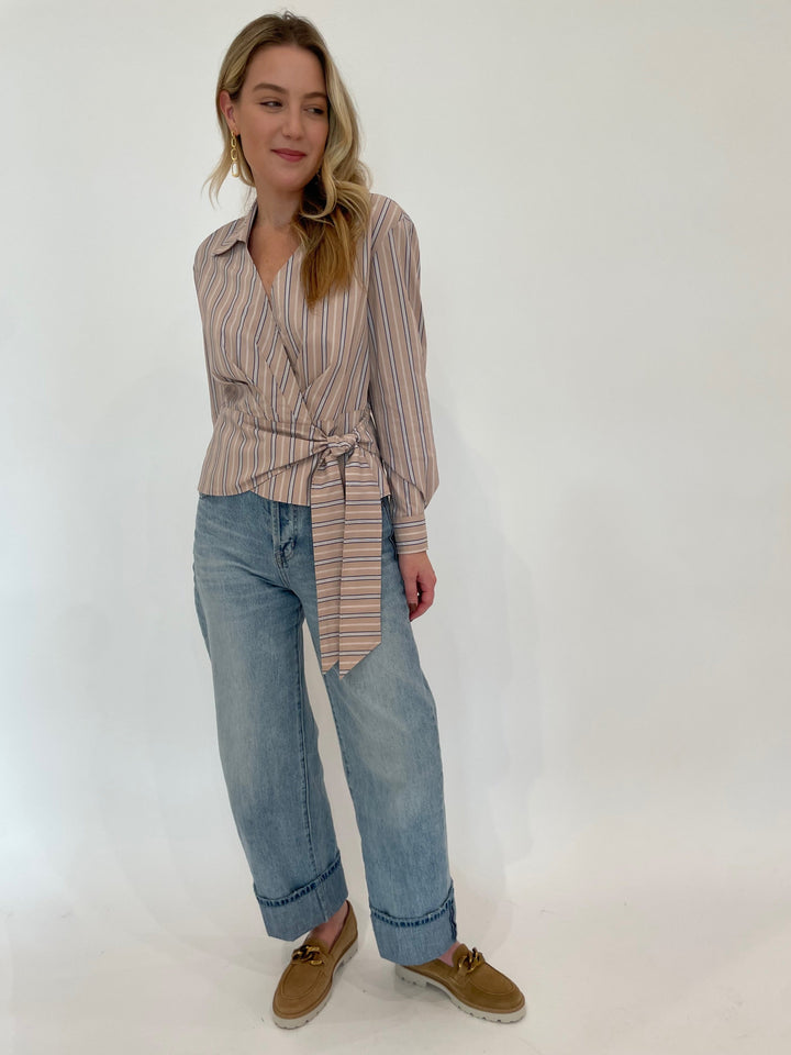 Finley Avalon Cafe Stripe Shirt in Tan/White paired with Pistola Ryder Cuffed Jeans in Essex, Gabor Loafers in Lion, Dean Davidson Bleecker Statement Drop Earrings in Gold - all available at Barbara Katz