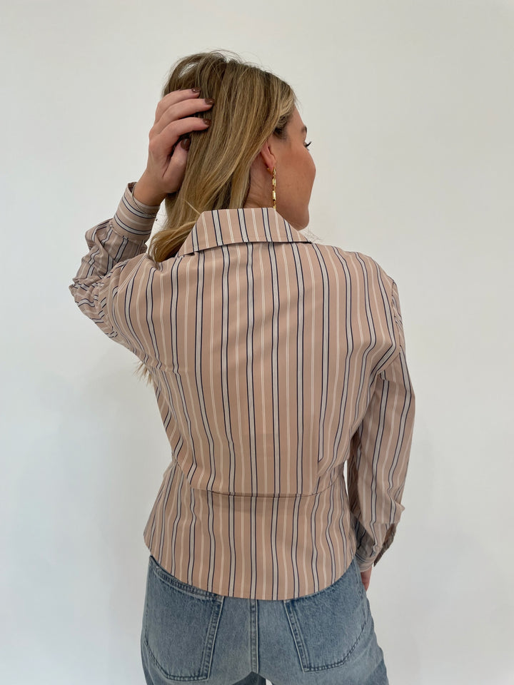 Finley Avalon Cafe Stripe Shirt in Tan/White paired with Pistola Ryder Jeans in Essex, Dean Davidson Bleecker Statement Drop Earrings in Gold available at Barbara Katz