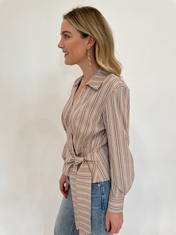 Finley Avalon Cafe Stripe Long Sleeve Shirt in Tan/White paired with Pistola Ryder Jeans in Essex, Dean Davidson Bleecker Statement Drop Earrings in Gold available at Barbara Katz