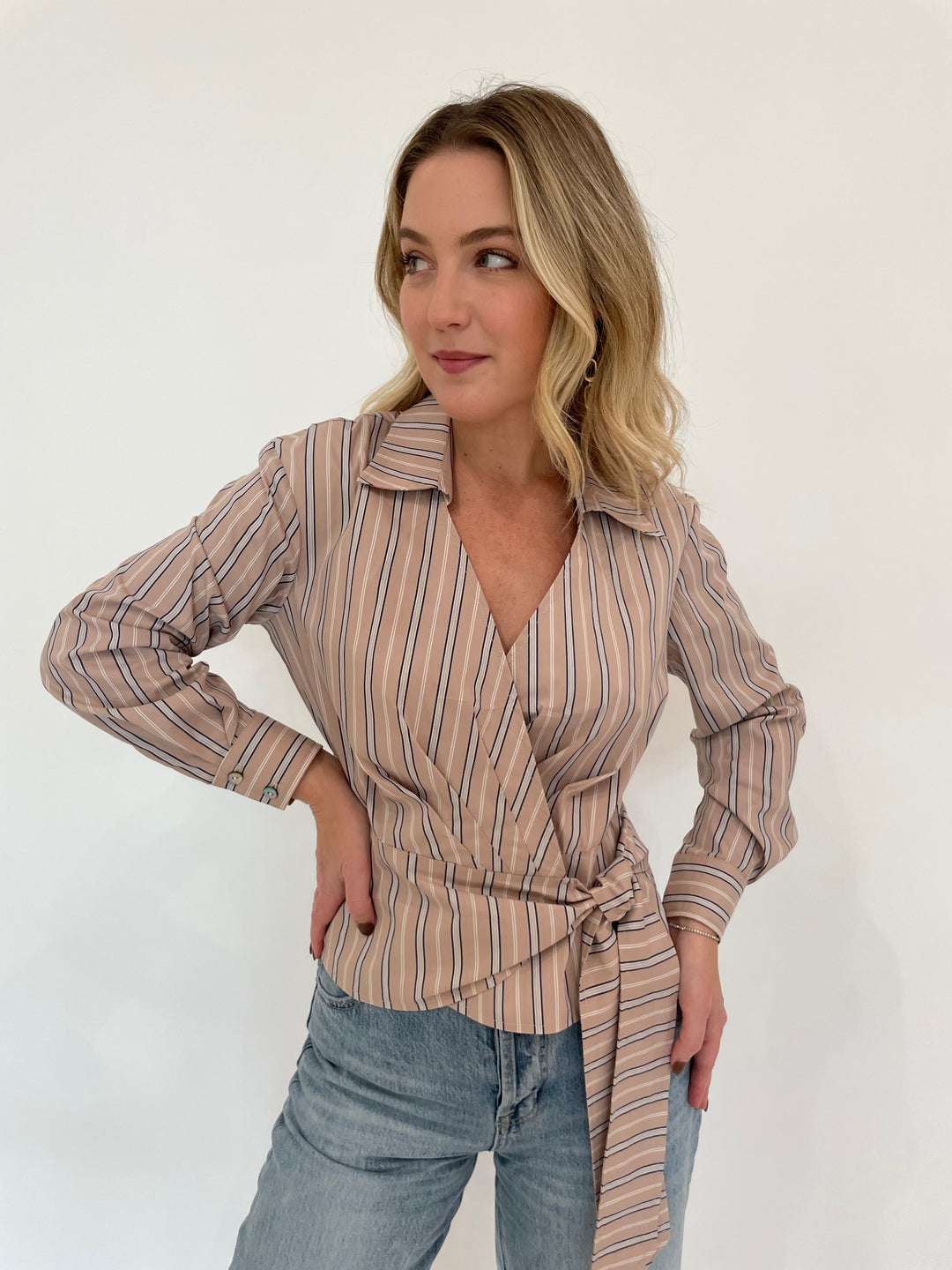 Finley Avalon Cafe Au Lait Stripe Shirt in Tan/White paired with Pistola Ryder Cuffed Jeans in Essex available at Barbara Katz