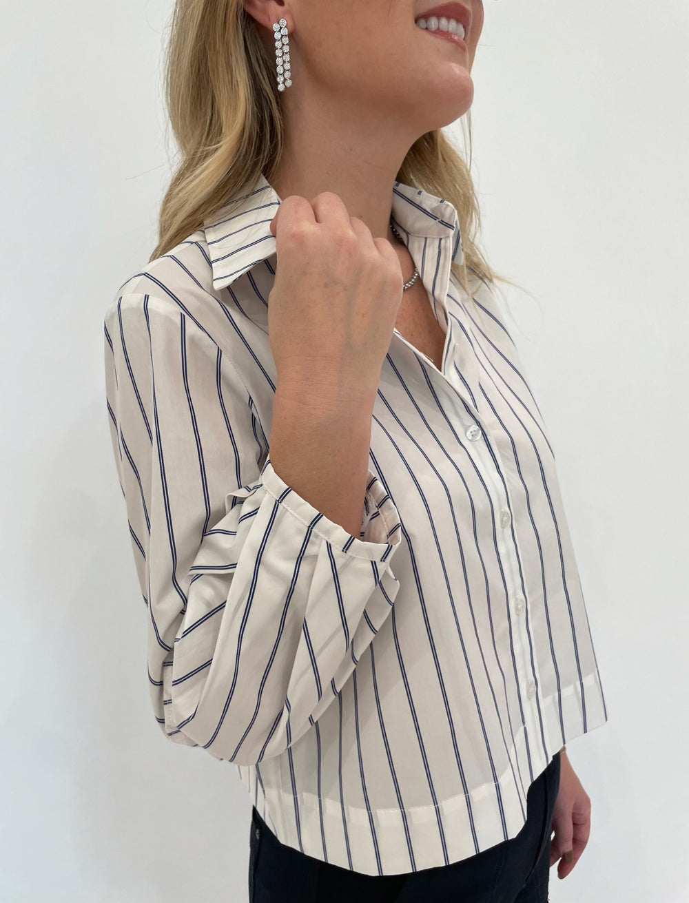 Finley Emmy Double Pinstripe Top in White/Blue, Dean Davidson Silver Tokyo Chain Necklace and  Mirabeau Pave Statement Drop Earrings in White Topaz/Silver - all available at Barbara Katz