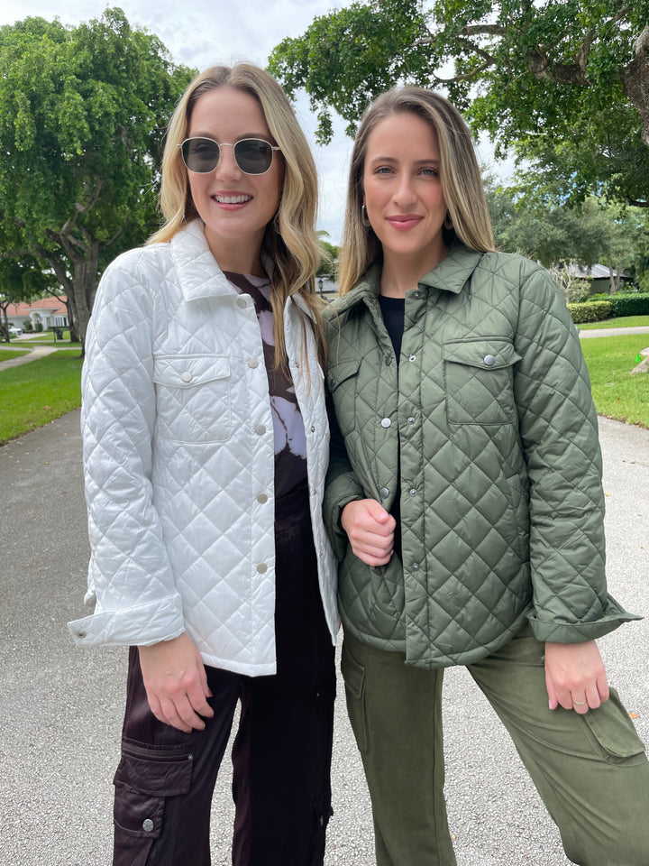 J Society Military Puffer Shirt Jacket paired with Marrakech Gavyn Cargo Pants in  Pine,  J Society White Puffer Shirt Jacket paired with Marrakech Enika Silky Cargo Pants in Dark Chocolate - all available at Barbara Katz