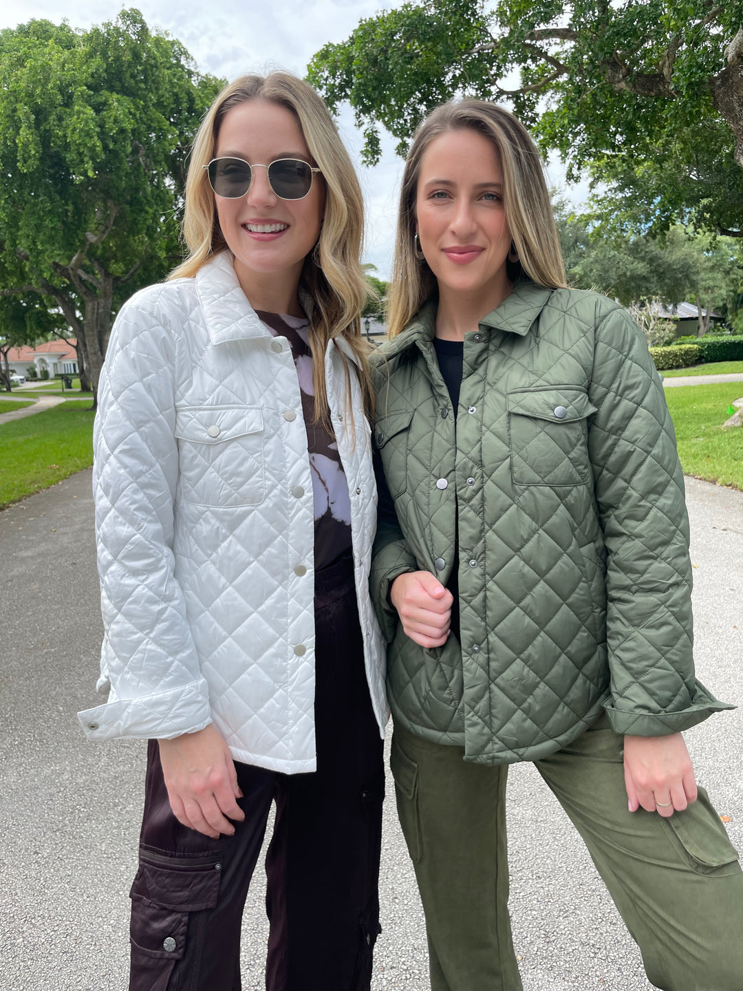 J Society Puffer Shirt Jacket in White paired with Marrakech Enika Sily Cargo Pants in Black and Le Specs Neptune Deux Sunglasses, J Society Puffer Shirt Jacket in Military paired with Marrakech Gavyn Cargo Pants in Pine - all available at Barbara Katz