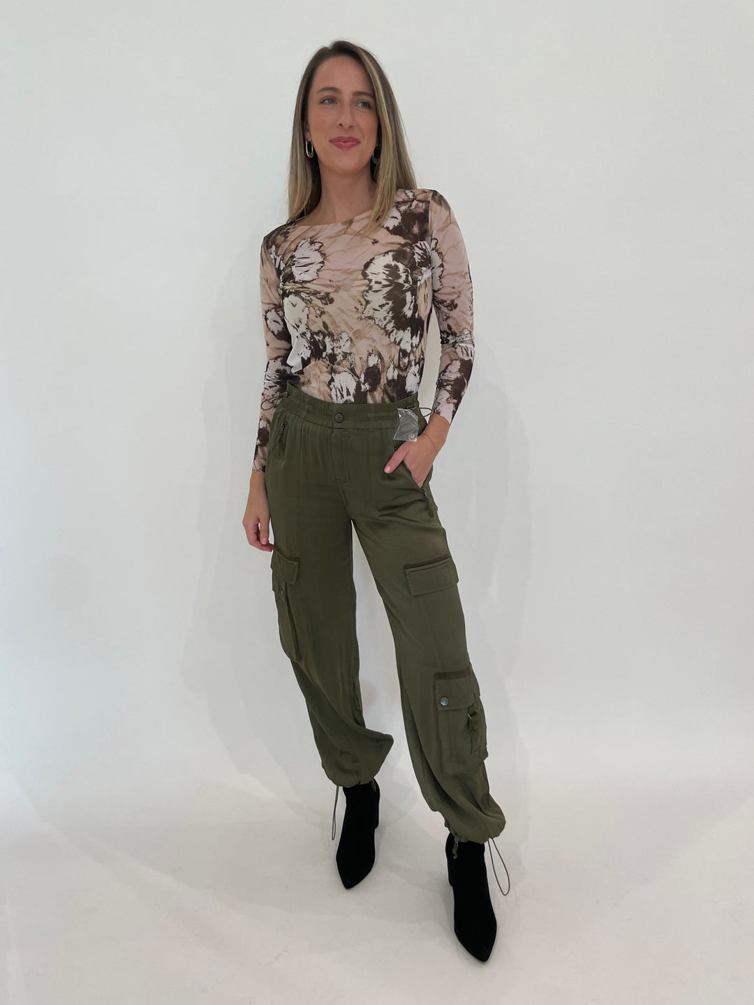 MB La Boheme Nuditee Sheer Top paired with Marrakech Pine Enika Silky Cargo Pants available at Barbara Katz