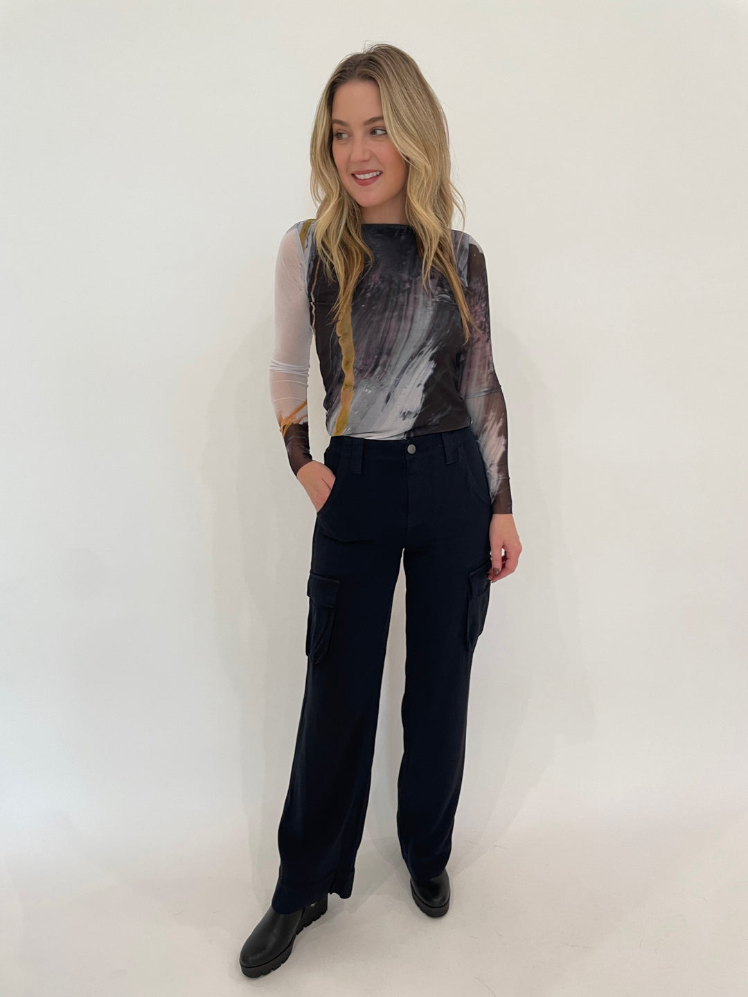 AMB Tidal Florence Double Sheer Top paired with Marrakech  Celestial Blue Gavyn Cargo Pants available at Barbara Katz