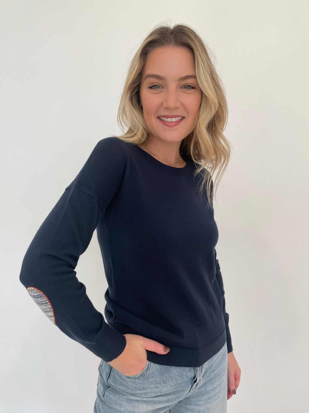 J Society Heart Elbow Crew Sweater in Navy available at Barbara Katz