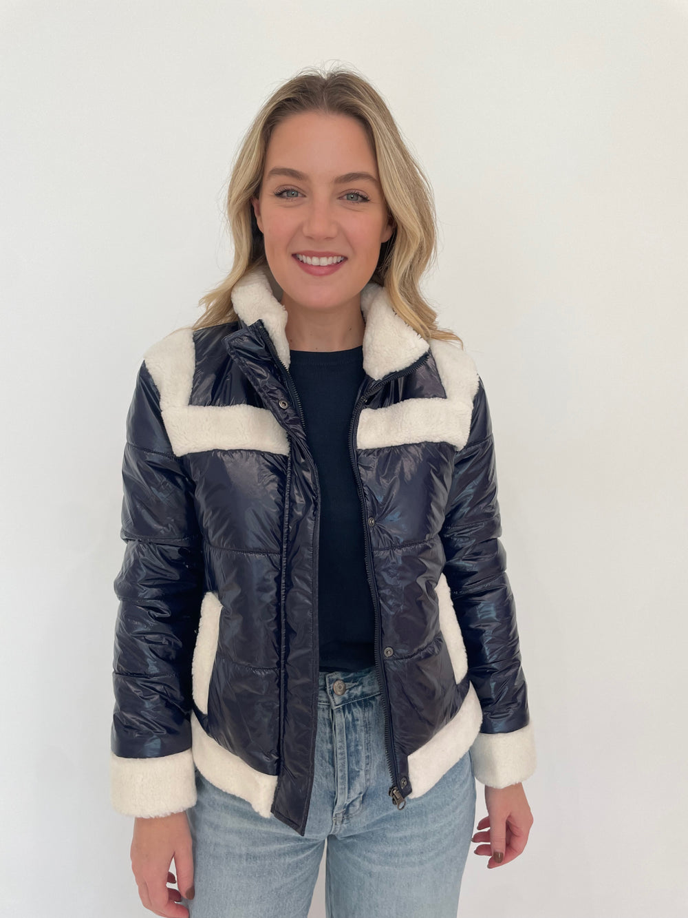 J Society Sherpa Trim Bomber Jacket in Navy available at Barbara Katz