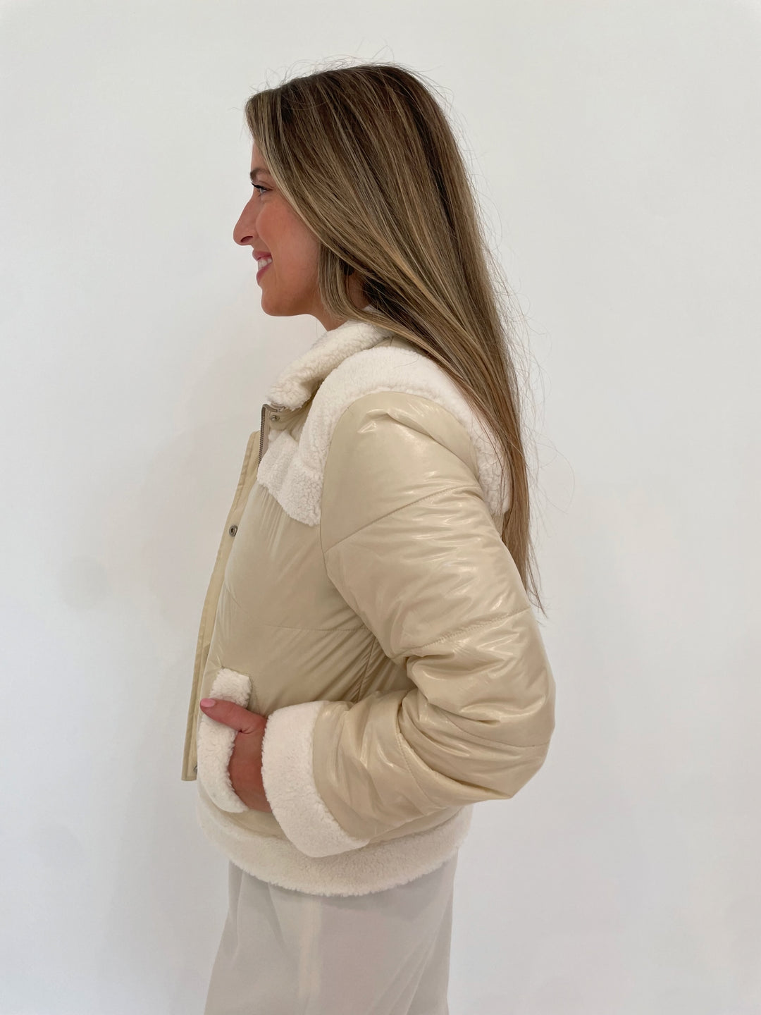 J Society Sherpa Trim Bomber Long Sleeve Jacket in Vanilla available at Barbara Katz