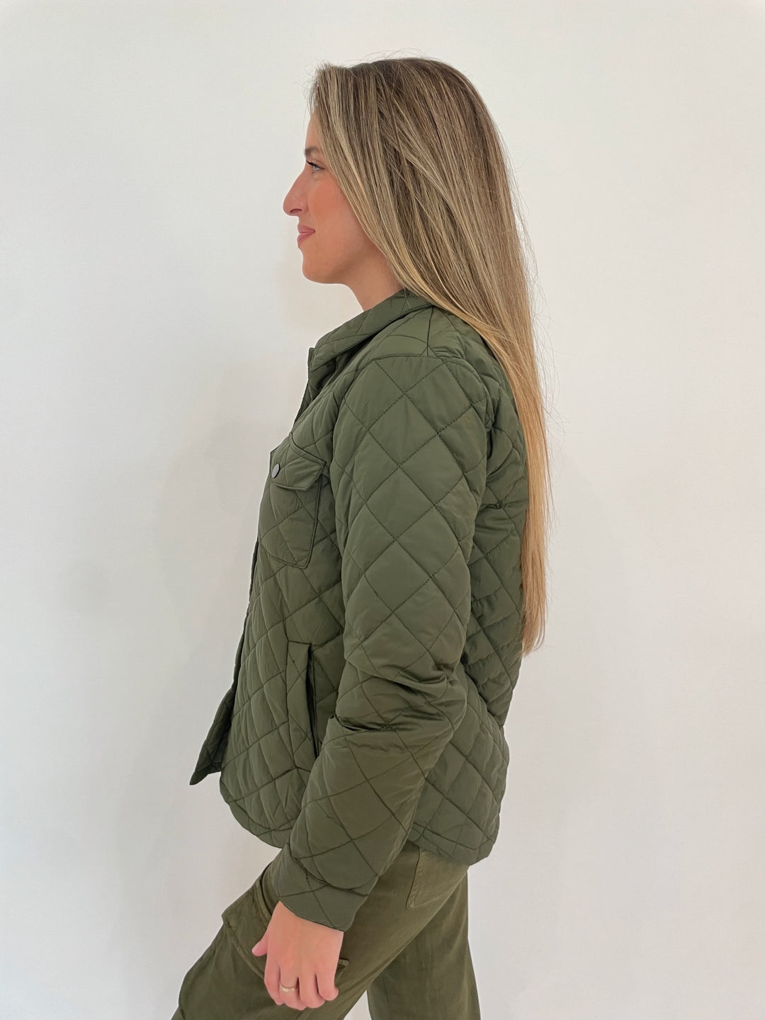 J Society Puffer Shirt Jacket in Military available at Barbara Katz