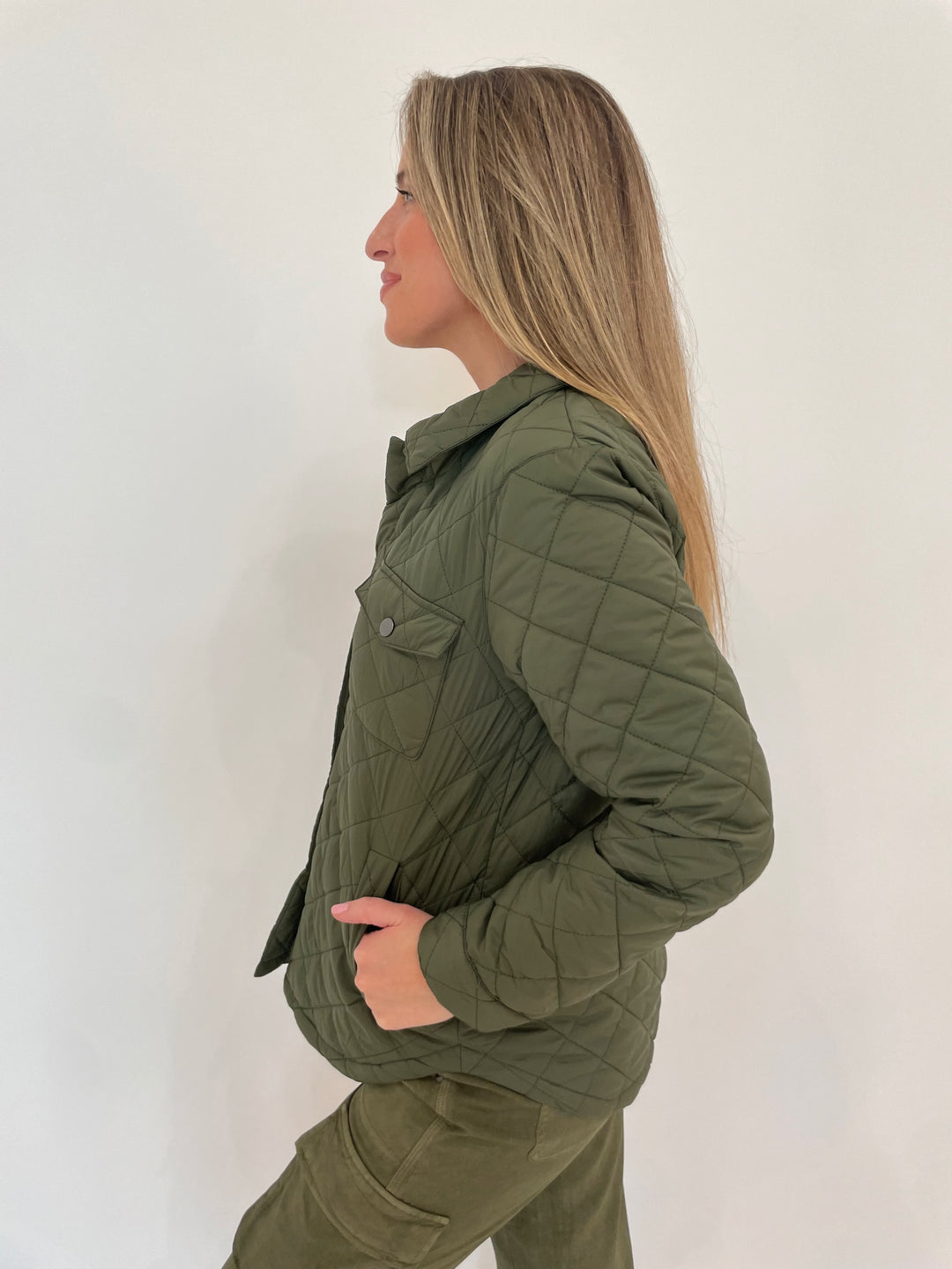 J Society Puffer Shirt Long Sleeve Jacket in Military paired with Marrakech Gavyn Cargo Pants in Pine available at Barbara Katz