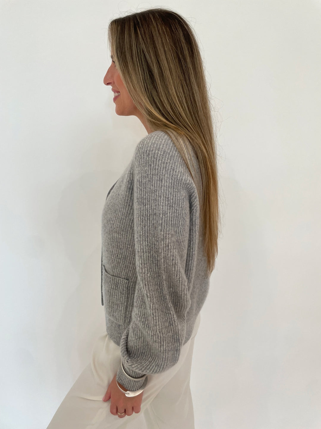 Repeat Bria Two-Tone Rib Knit Long Sleeve Cardigan in Light Grey available at Barbara Katz