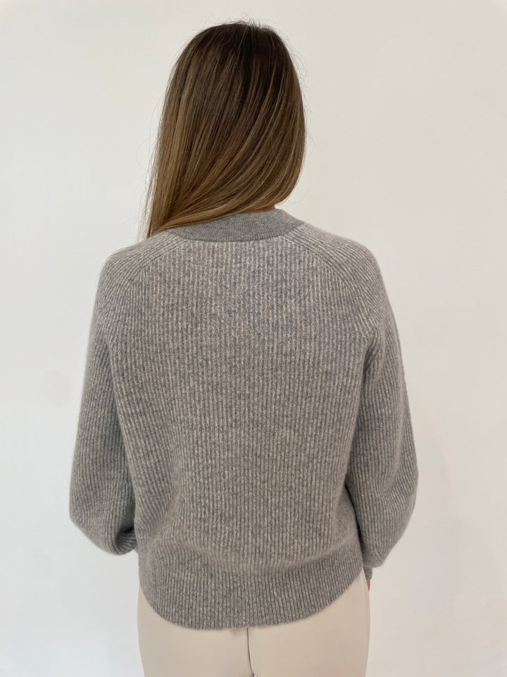 Repeat Bria Two-Tone Rib Knit Cardigan in Light Grey available at Barbara Katz