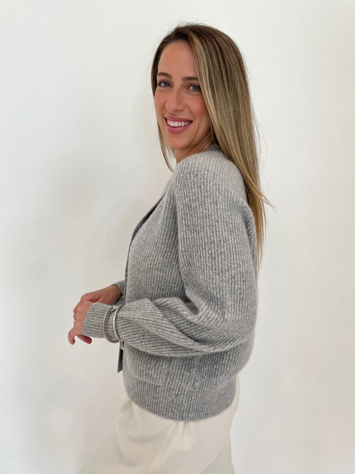 Repeat Two tone cashmere rib knit cardigan in Light Grey available at Barbara Katz