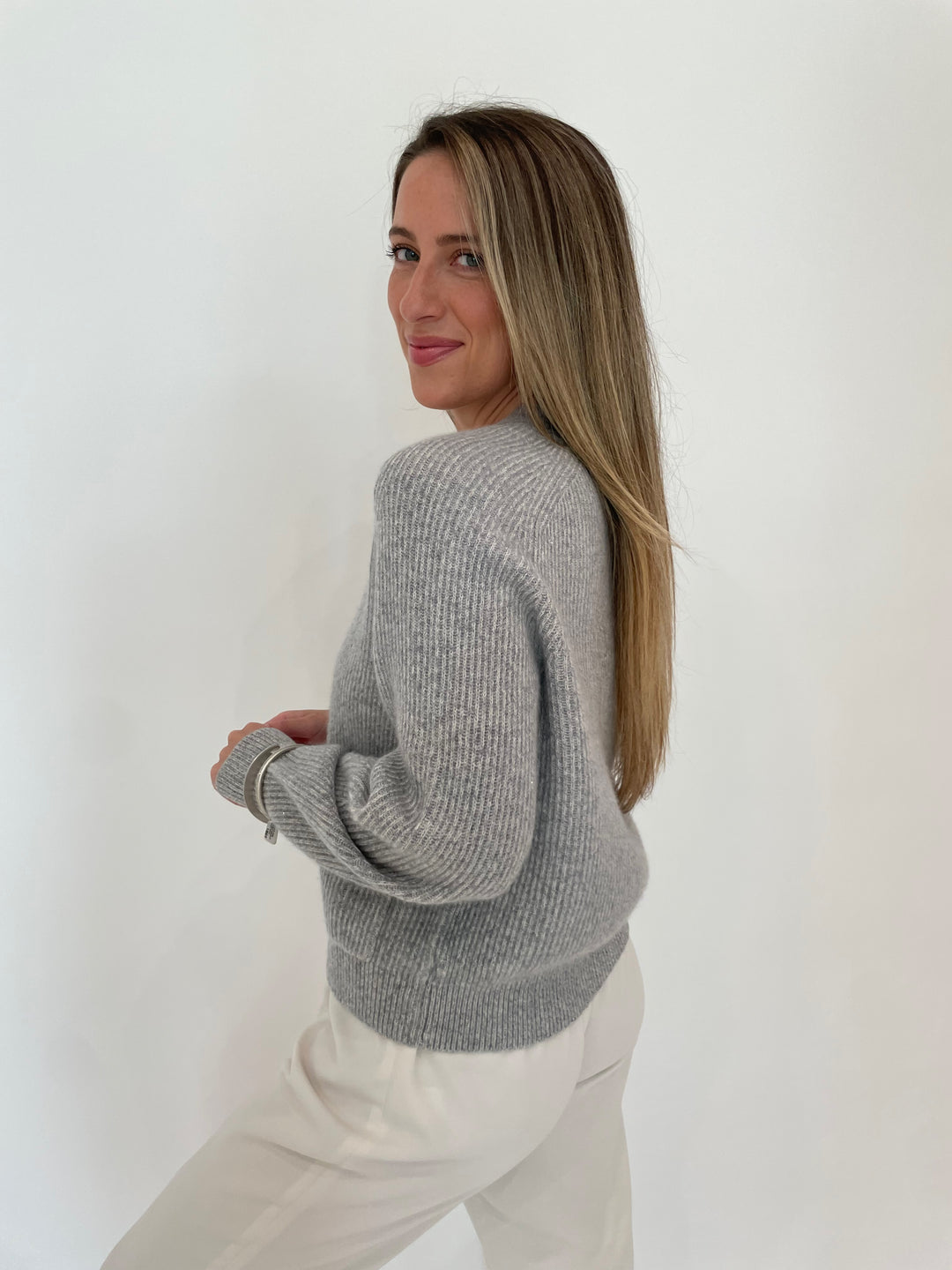 Repeat Two-Tone Rib Knit Cashmere Cardigan in Light Grey available at Barbara Katz