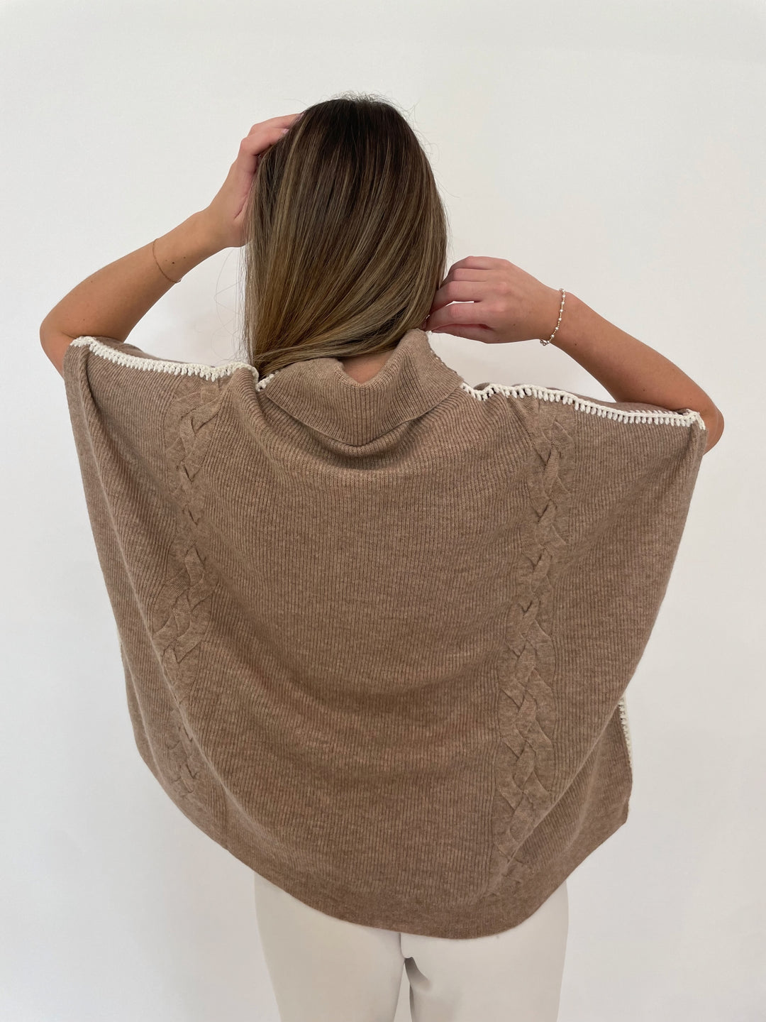 Repeat Sofia Crochet Cable Knit Wool Sweater in Taupe available at Barbara Katz