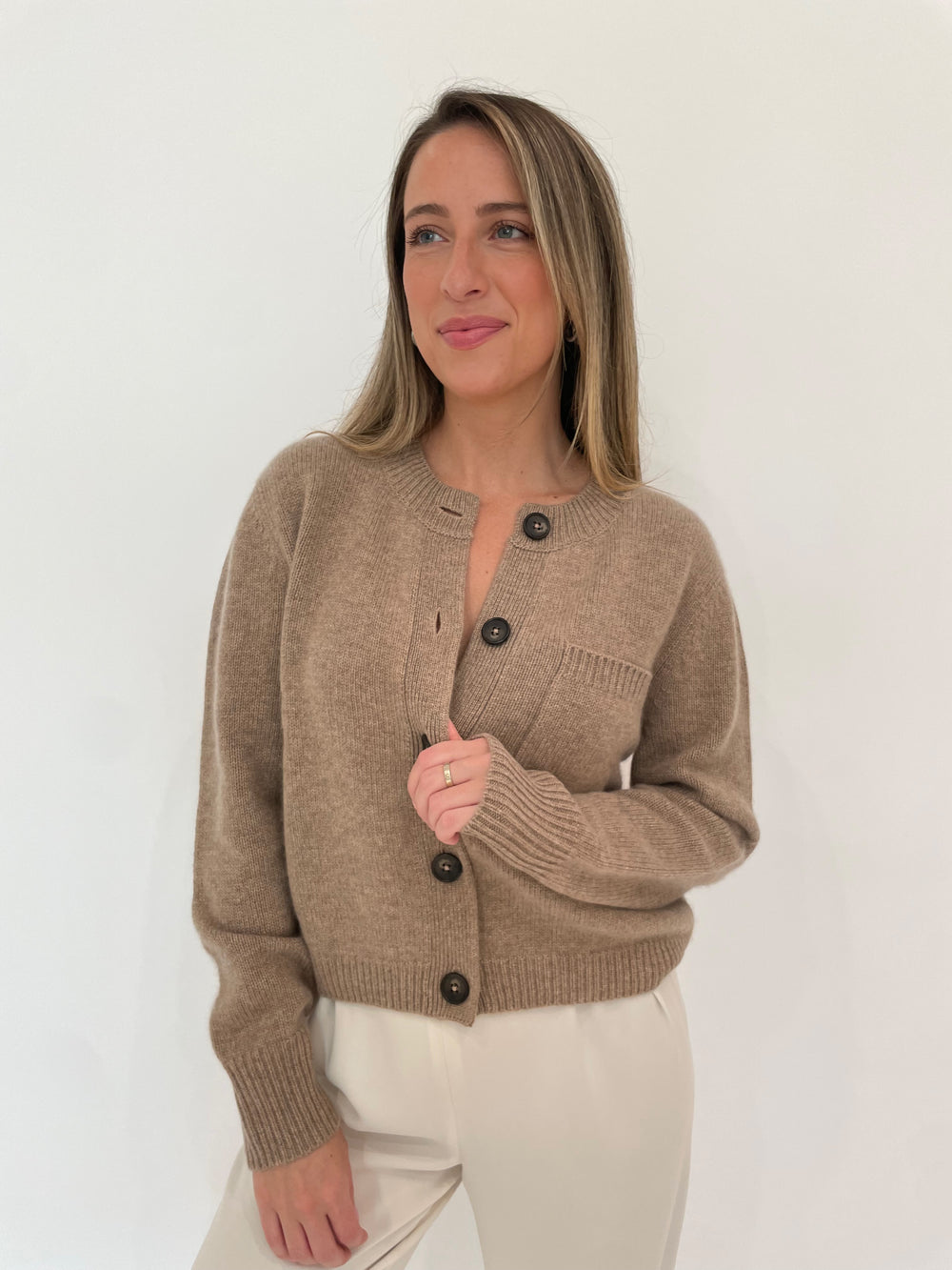 Repeat Dahlia Cropped Chunky Knit Cardigan in Taupe available at Barbara Katz