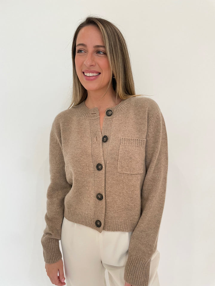 Repeat Cropped Chunky Knit Cashmere Cardigan in Taupe available at Barbara Katz