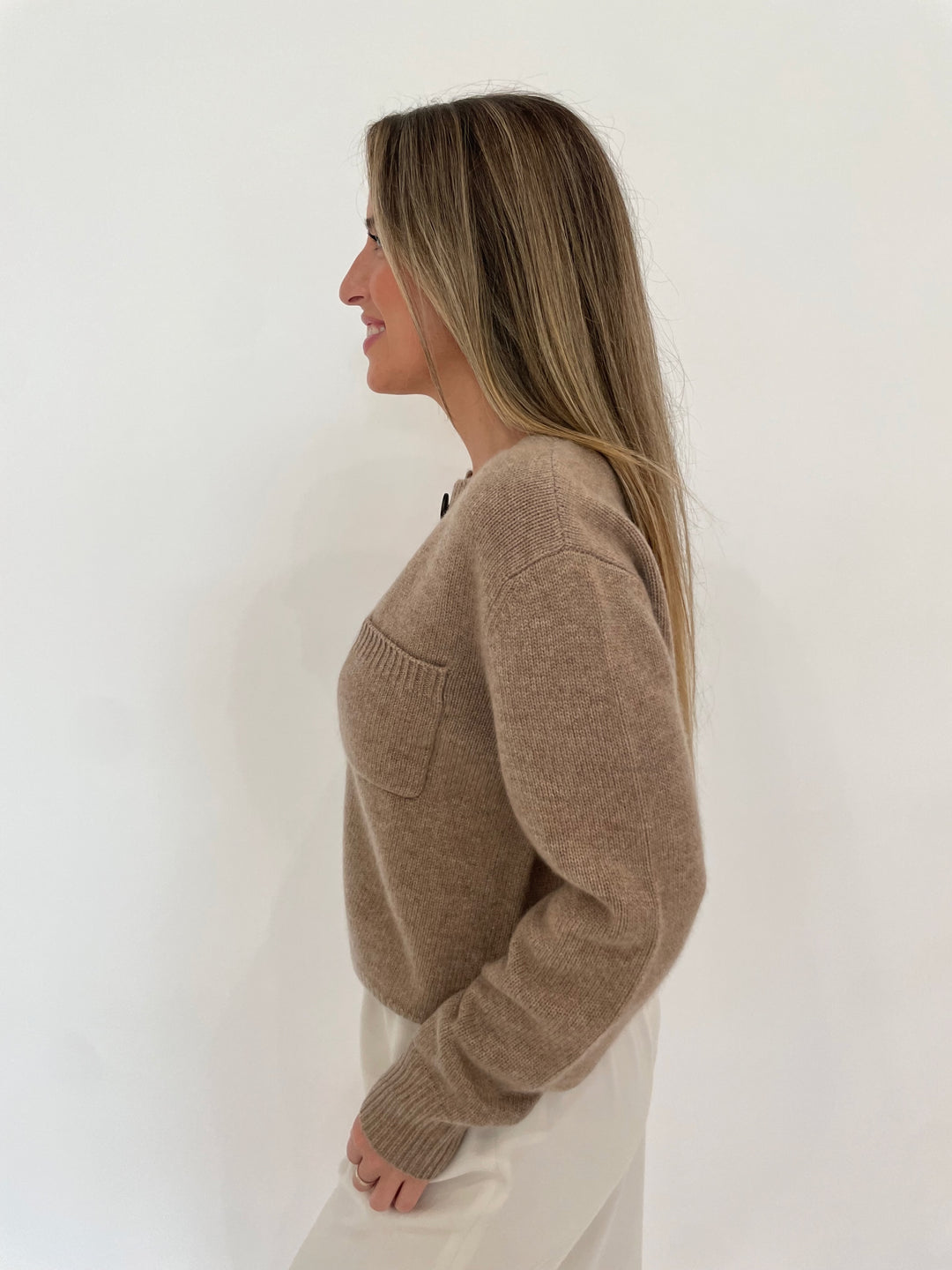 Repeat Dahlia Cropped Chunky Knit Long Sleeve Cardigan in Taupe available at Barbara Katz