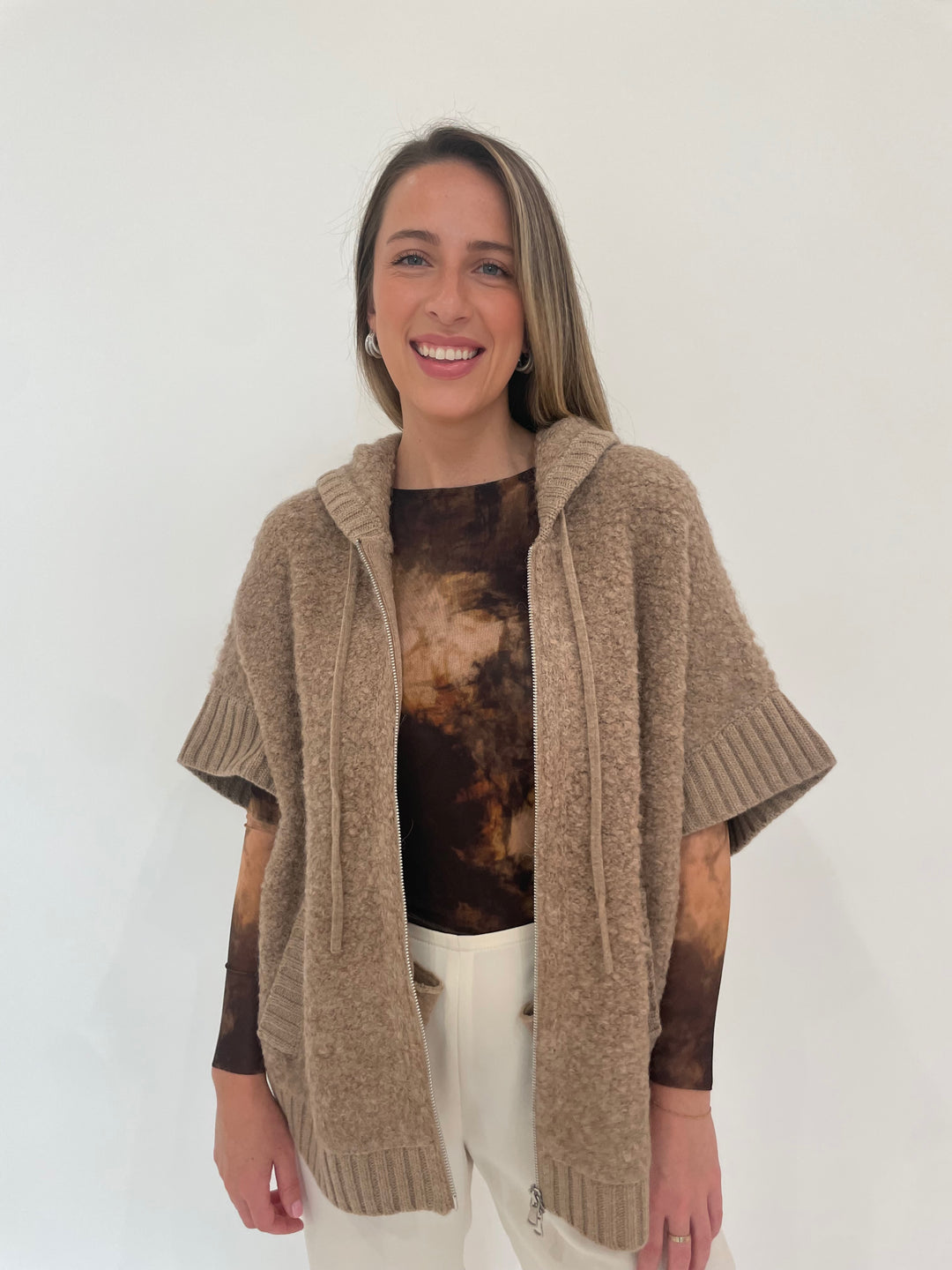 Repeat Maya Alpaca Wool Blend Zip Poncho Hoodie in Beige available at Barbara Katz