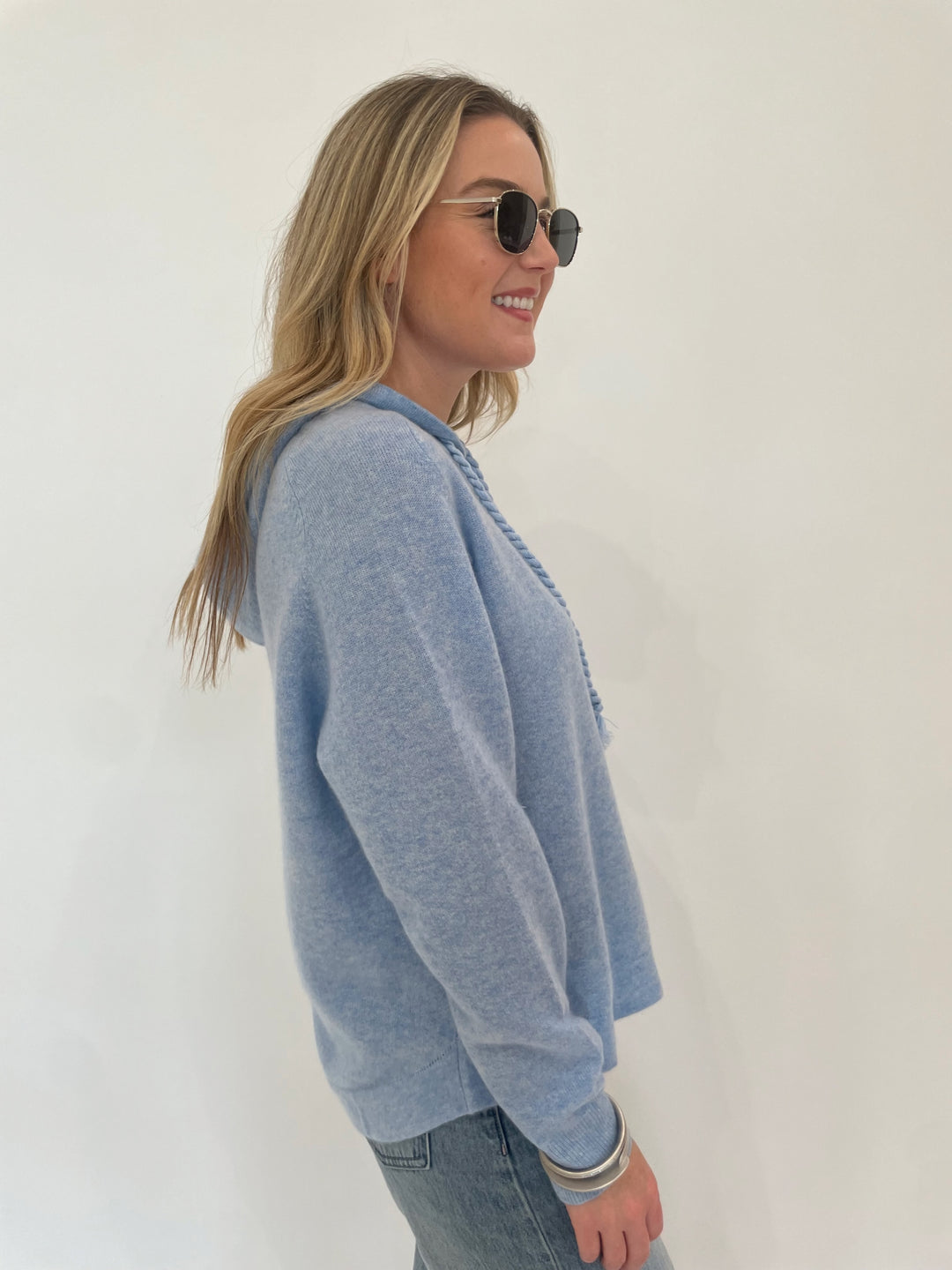 Repeat Layla Cashmere Long Sleeve Hoodie Sweater With Twisted Drawstring in Sky available at Barbara Katz