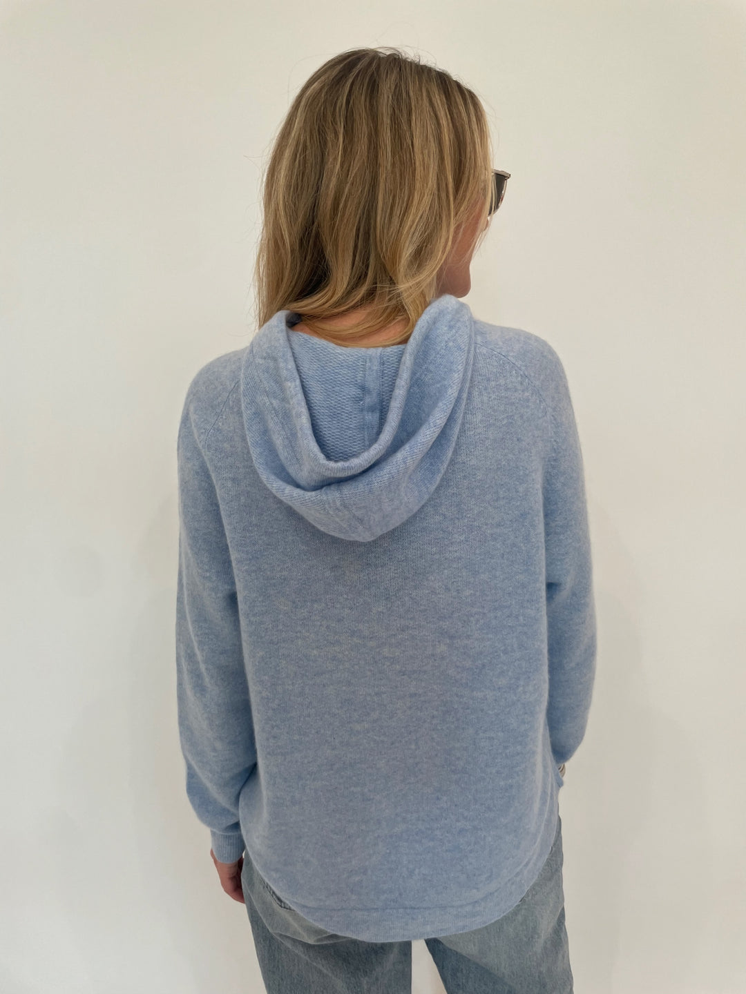 Repeat Layla Cashmere Hooded Sweater With Twisted Drawstring in Sky available at Barbara Katz