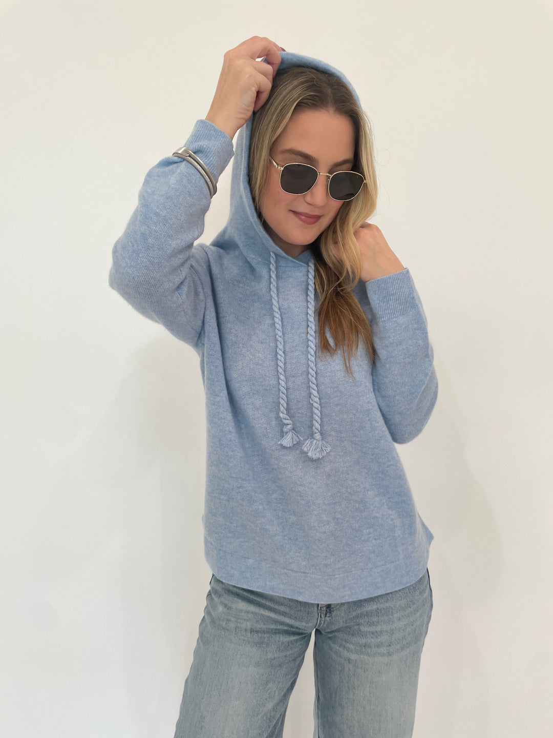 Repeat Layla Long Sleeve Hoodie Sweater With Twisted Drawstring in Sky available at Barbara Katz