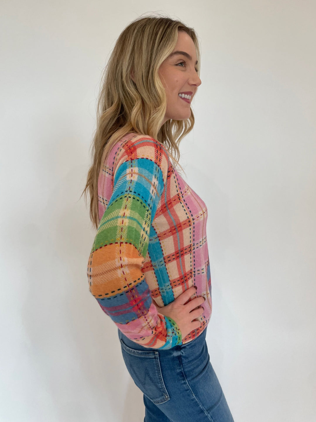 Autumn Cashmere Printed Plaid Long Sleeve Sweater in Pastel Multi available at Barbara Katz