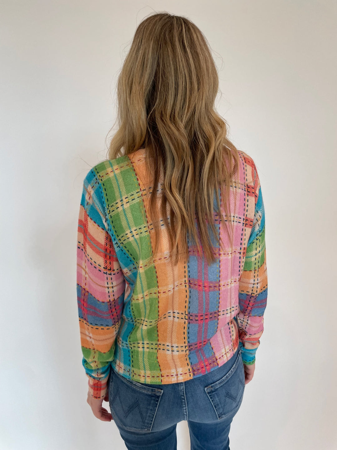 Autumn Cashmere Printed Plaid Crew Sweater in Pastel Multi available at Barbara Katz