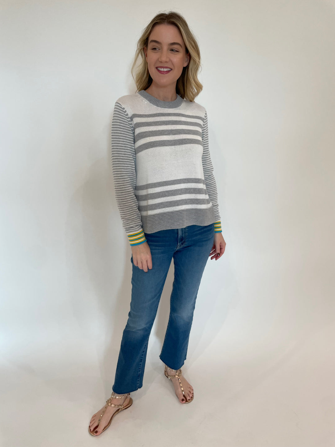 Autumn Cashmere Boxy Stripe Sweater With Tuck Stitch in Grey Combo paired with Mother The Hustler Ankle Fray Jeans in Grasping At Straws available at Barbara Katz