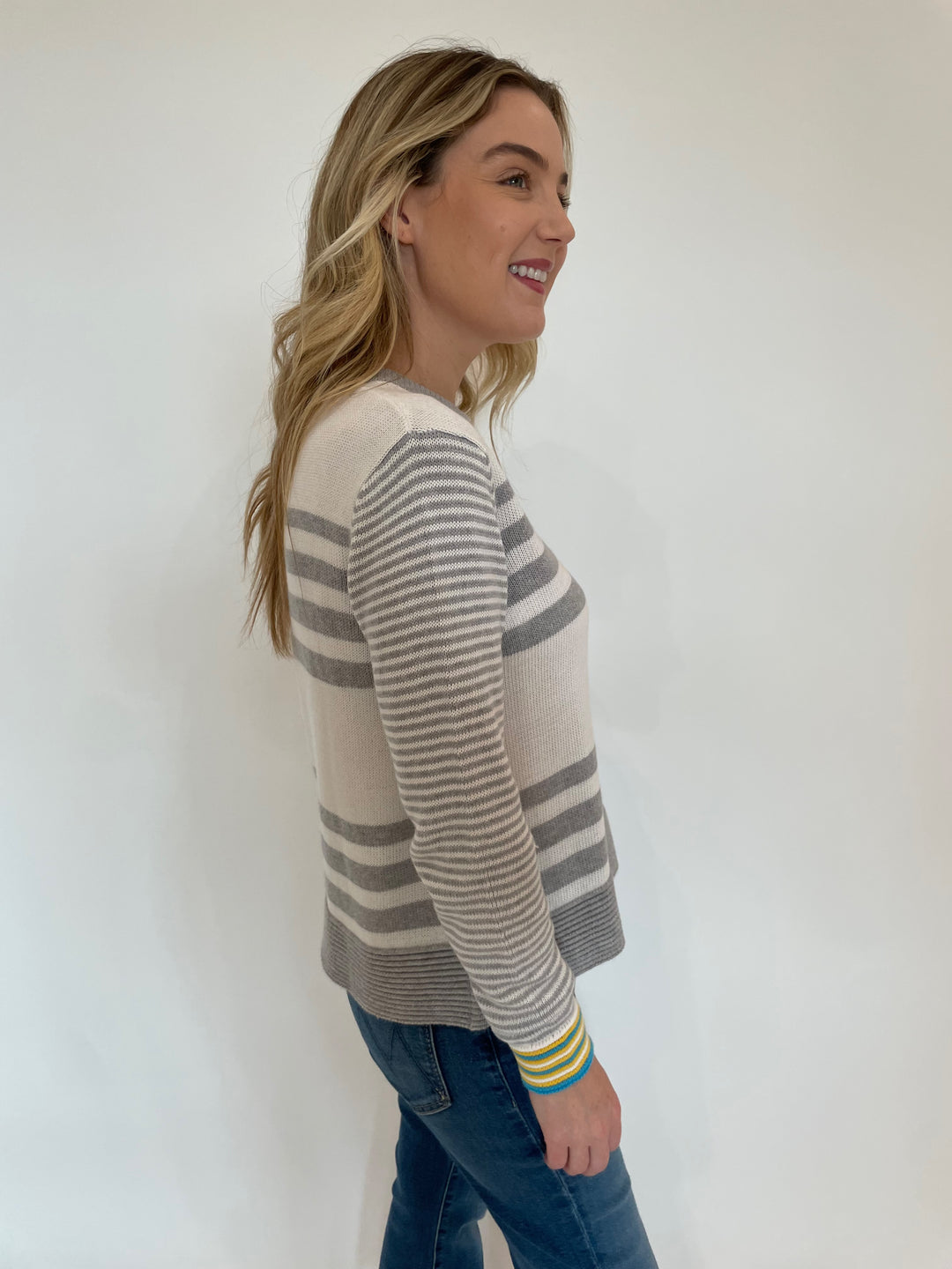 Autumn Cashmere Boxy Long Sleeve Stripe Sweater With Tuck Stitch in Grey Combo available at Barbara Katz