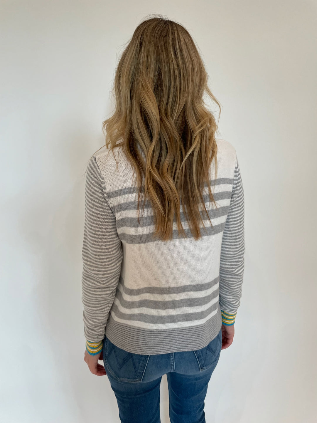 Autumn Cashmere Boxy Stripe Sweater With Tuck Stitch in Grey Combo available at Barbara Katz