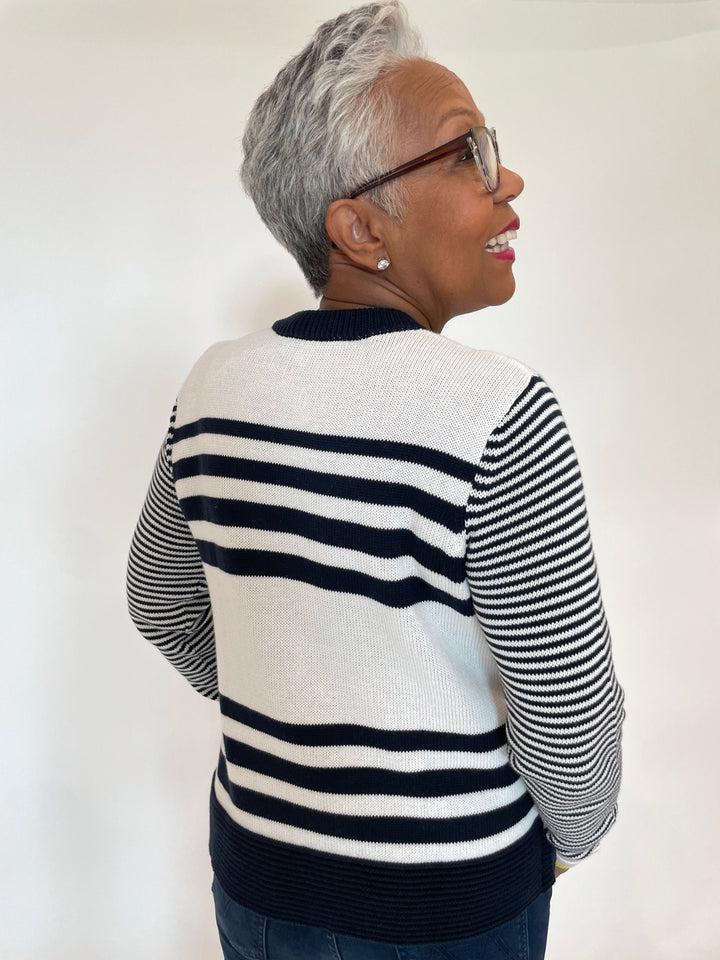 Autumn Cashmere Boxy Stripe Sweater With Tuck Stitch in Navy Blue Combo available at Barbara Katz