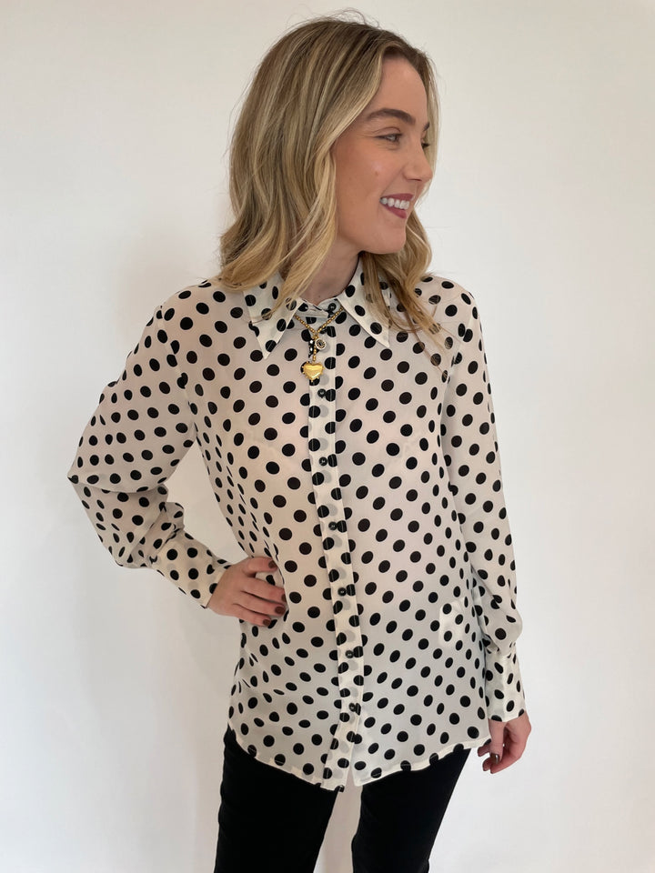 Marella Conio Crepe Blouse in White Spotted with Elizabeth Cole Jewelry Keira Necklace available at Barbara Katz