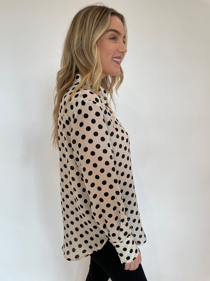 Marella Conio Crepe Long Sleeve Blouse in White Spotted available at Barbara Katz