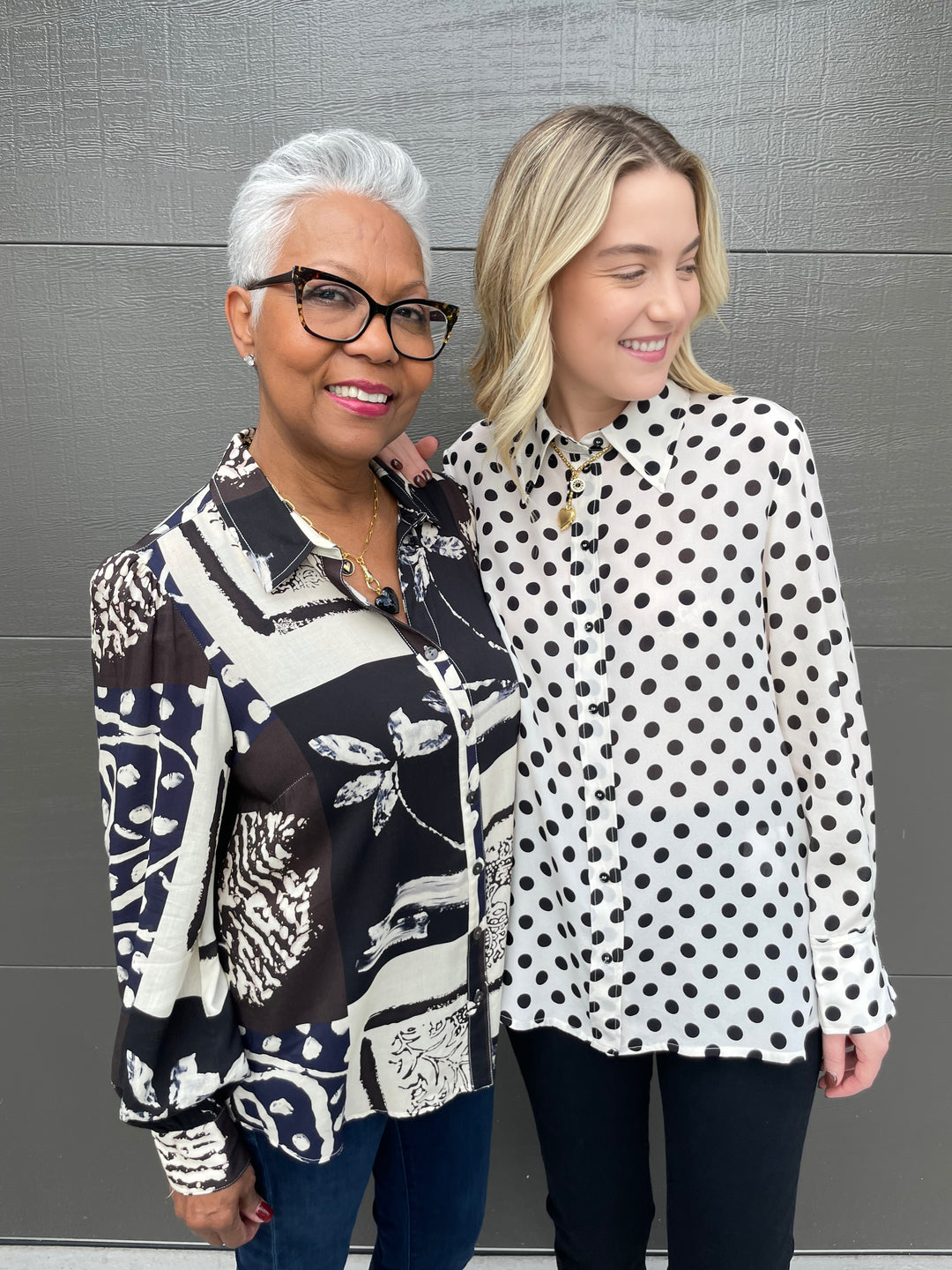 Finley Collette Blouse in Asian Abstract
 and Marella Conio Crepe Blouse in White Spotted available at Barbara Katz