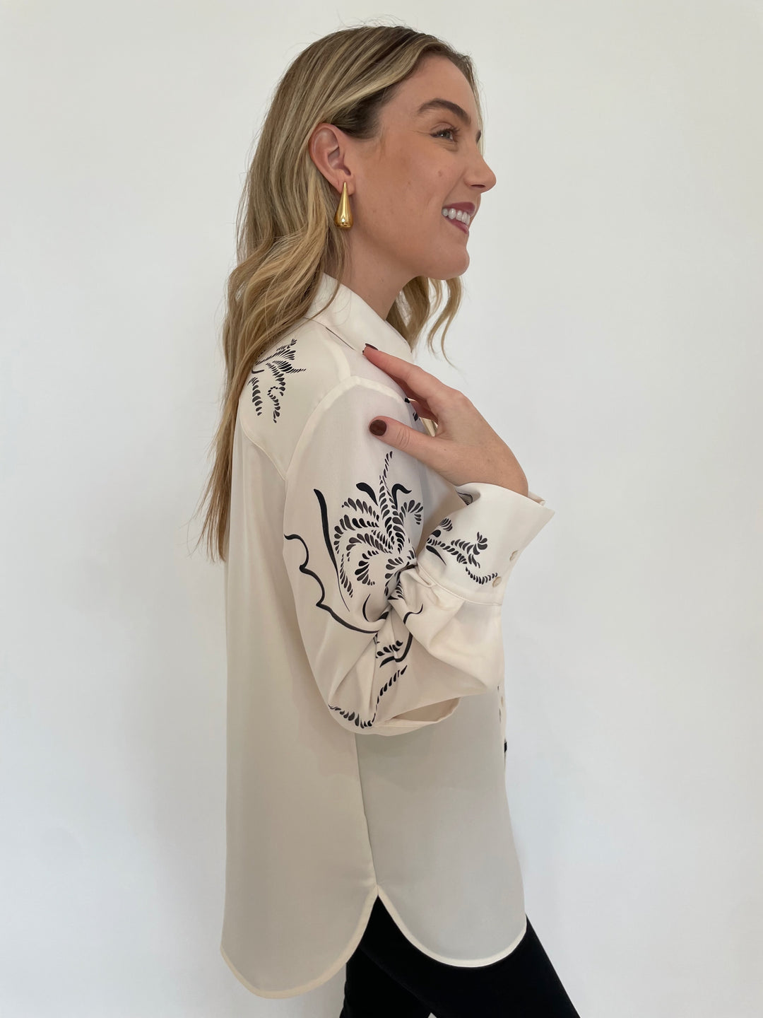 Marella Yacht Printed Long Sleeve Satin Shirt in Wool White with BK Drop Long Post Earrings in Gold available at Barbara Katz