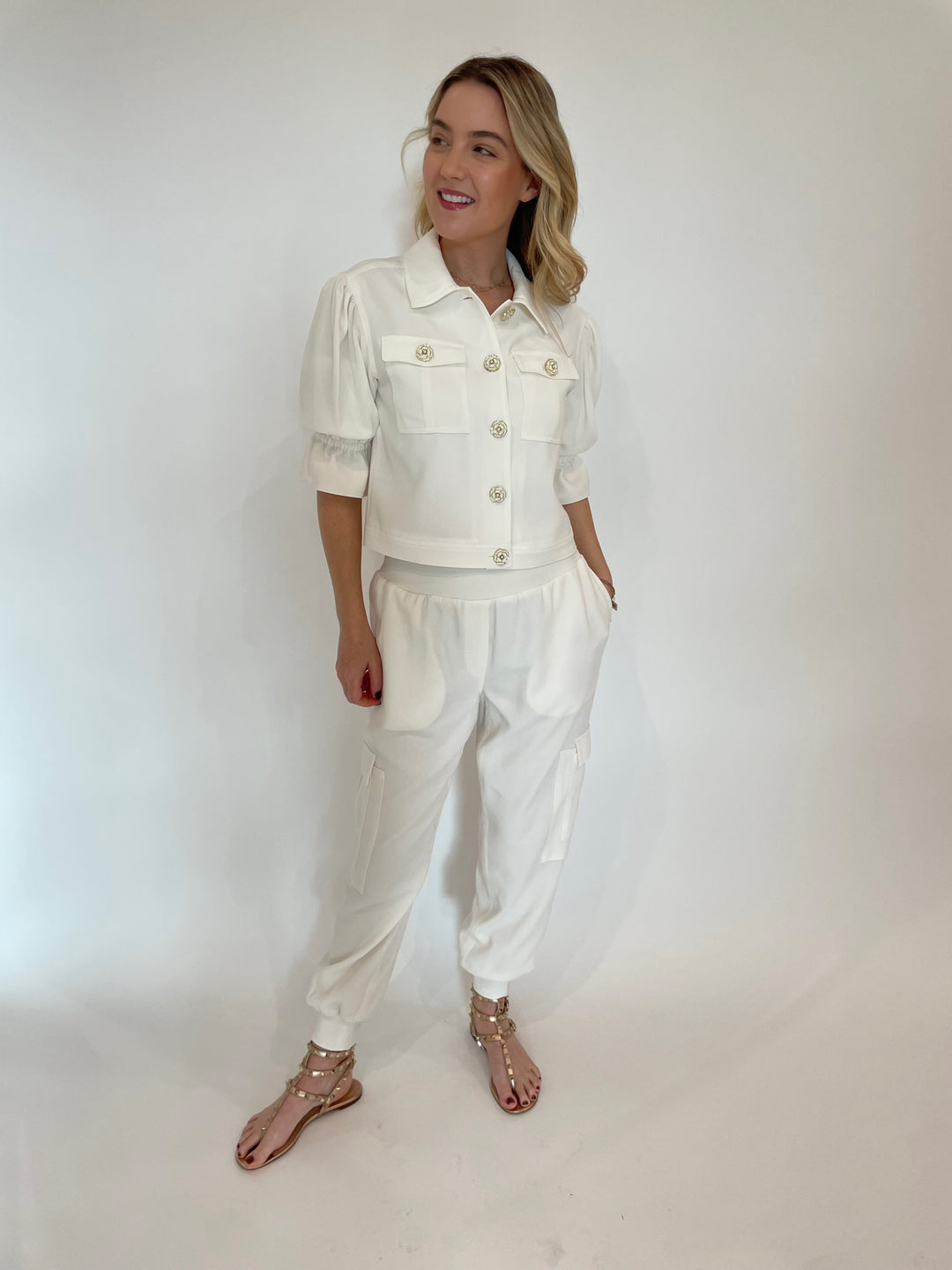 Cinq a Sept Julieta Jacket in Ivory paired with matching Crepe Giles Pants in Ivory available at Barbara Katz