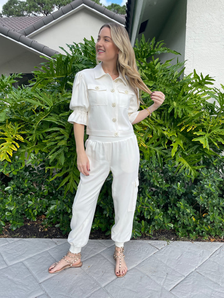 Cinq a Sept Julieta Jacket in Ivory paired with matching Ivory Crepe Giles Pants available at Barbara Katz